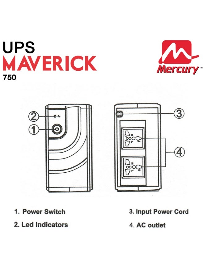 ميركيري جهاز تزويد الطاقة غير المنقطع (UPS) من ميركوري مافريك بقدرة 750 فولت أمبير/360 واط، يعمل دون اتصال بالإنترنت، مزود بشاشة LED، ومقبسين كهربائيين عالميين، وبطارية 7 أمبير/ساعة - Image 3